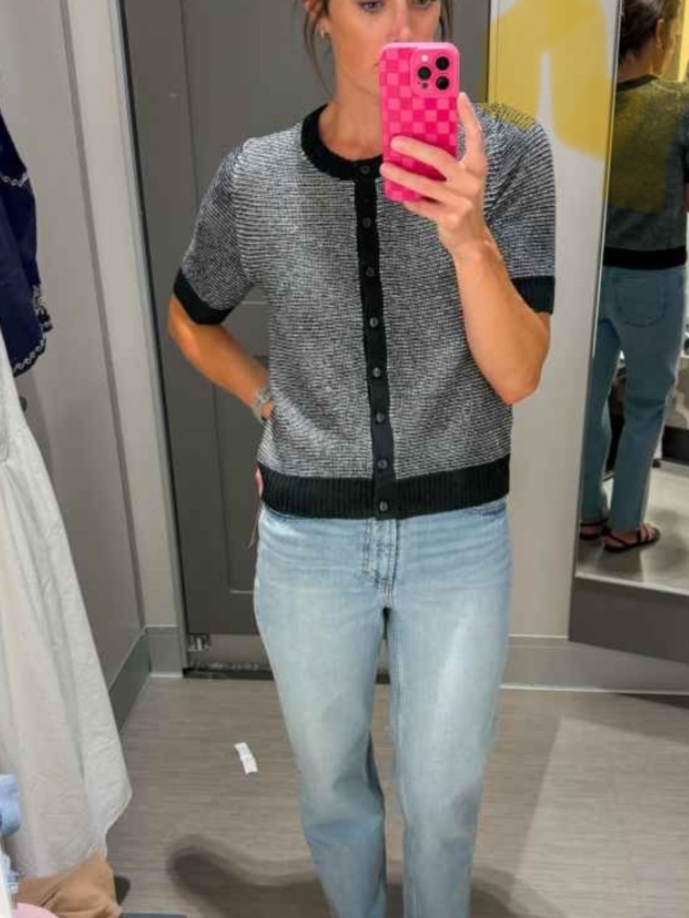 Target Gray Short-Sleeve Knit Cardigan with Black Trim